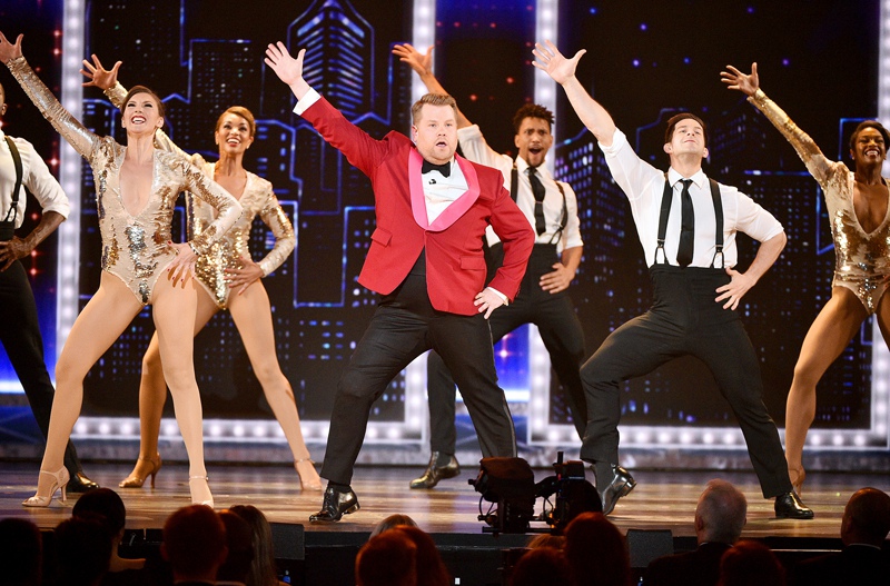 James Corden with dancers performing the opening number during the 2019 Tony Awards.