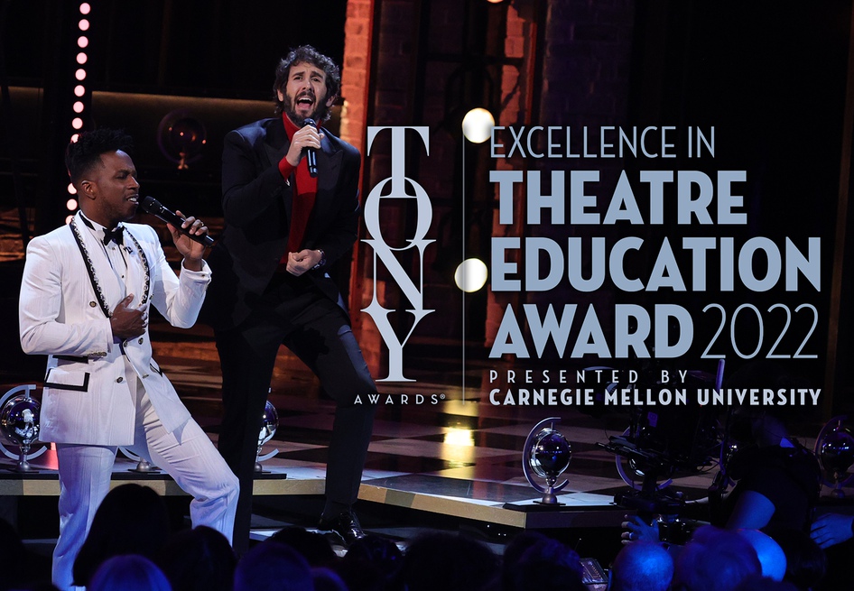 Leslie Odom Jr. and Josh Groban talk about theatre education at the 74th annual Tony Awards, September 26, 2021. With the logo for the Excellence in Theatre Education Award.