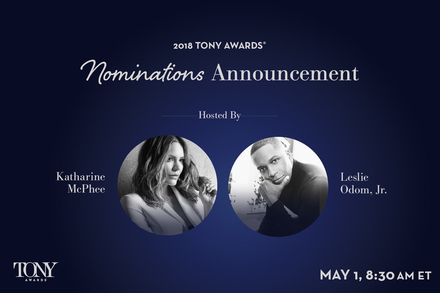 Katharine McPhee and Leslie Odom, Jr. will deliver the 2018 Tony Awards Nominations Announcement on May 1, 2018 at 8:30am ET via Facebook.com/TheTonyAwards and TonyAwards.com. The event is sponsored by IBM.