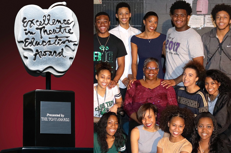 Renée Elise Goldsberry (top center), 2016 Tony-nominee for Hamilton, surprised Detroit theatre teacher Marilyn McCormick (center) and her students with news that McCormick has been named the 2016 Excellence in Theatre Education Award winner. McCormick will receive the honor at the 70th Annual Tony Awards in New York City on June 12.